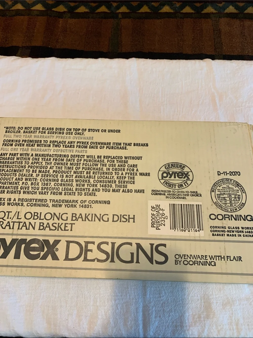 Pyrex 2 Qt Brown Oblong Vintage Baking Dish with Rattan-Style Basket NEW 2326-F